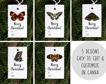 Vintage Butterfly + Moth Collection Holiday Gift Tag Template | Printable Editable Instant Download Digital | Nature Christmas Set of 5