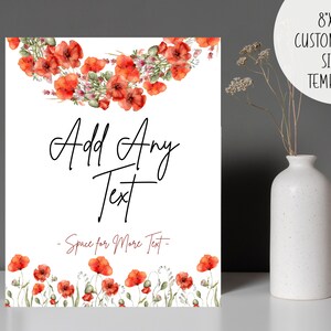 Röd vallmo tom mallskylt | Direkt nedladdning redigering utskriftsmall | Brudgubbsbabyshower födelsedag | Natur akvarell blomma boho vår