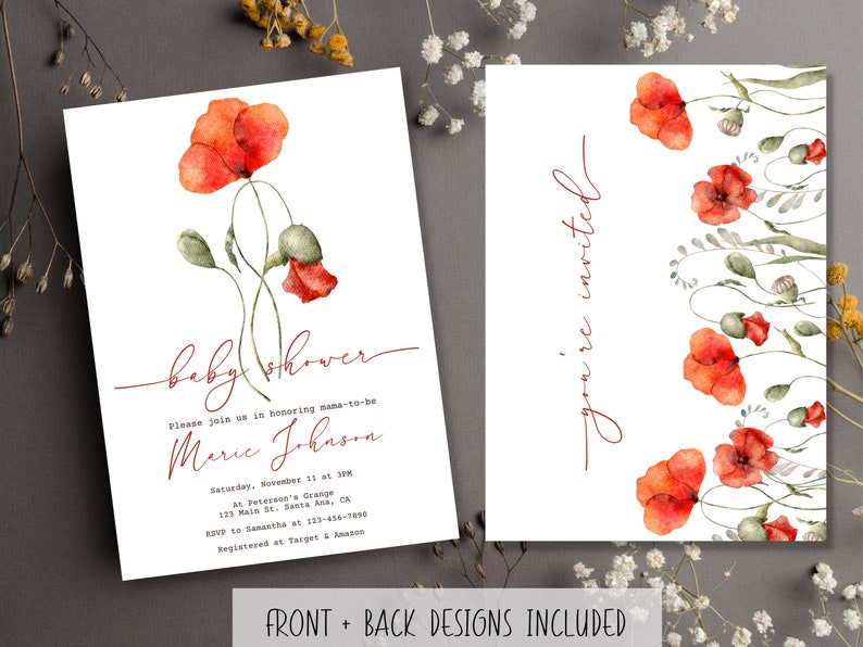 Watercolor Red Poppy Baby Shower Invitation Bundle Instant Download Digital Template Minimalist Modern Boho Wildflower Nature Invite image 8