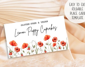 Red Poppy Dessert Food Place Card | Instant Download Digital Print Template I Foldable Name Seating Tent Card I Watercolor Poppy Wildflowers
