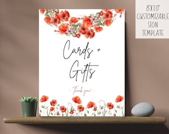 Red Poppy Cards and Gifts Sign | Instant Download Edit Print Template | Bridal Baby Shower Birthday | Nature Watercolor Flower Boho Spring