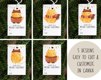 Fat Cats in Sweaters + Scarves Christmas Holiday Gift Tag Template | Printable Editable Instant Download Digital | Meowy Christmas Set of 5