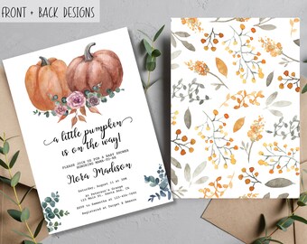 A Little Pumpkin is on the Way Baby Shower Invitation | DIY Digital Template Editable Printable Download I Autumn Fall Leaves Purple Boho