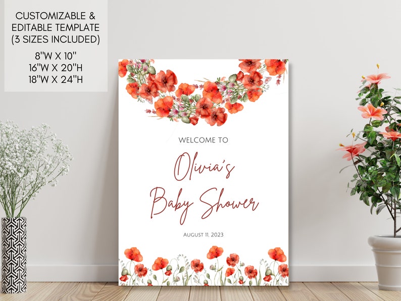 Poppy Baby Shower Sign Decor Instant Download Editable Template