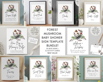 Sign BUNDLE Forest Mushroom Baby Shower | DIY Digital Edit Print Instant Download | Boho Nature Forest Gender Neutral | 8x10 Signage All