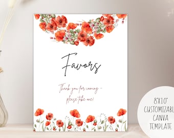 Red Poppy 8x10 Favors Sign | Instant Download Editable Print Template | Bridal Shower Baby Wedding | Nature Watercolor Flower Boho Spring