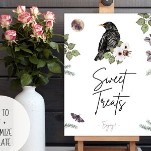 Wild Rose, Crow + Full Moon 8x10 Sweet Treats Dessert Sign | Edit Print Template | Bridal Shower Wedding Event Witchy Raven Goth Boho Vibes