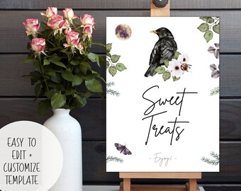 Wild Rose, Crow + Full Moon 8x10 Sweet Treats Dessert Sign | Edit Print Template | Bridal Shower Wedding Event Witchy Raven Goth Boho Vibes