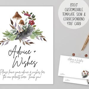 May include: A printable 8x10 inch sign and 4x6 inch card with a watercolor illustration of mushrooms and berries. The sign says "Advice + Wishes" and "Please leave your advice & wishes for the new parents here. Thank you!"
