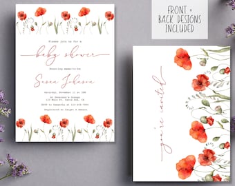 Poppy Flowers Baby Shower Invitation | Download Digital Print Invite I Minimalist Modern Watercolor Boho Wildflower Garden Nature Design