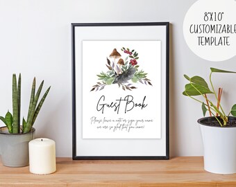 Forest Mushroom Guest Book Sign | Instant Download Edit Print Template | Bridal Wedding Baby Shower Birthday Event Boho Nature Signage Decor