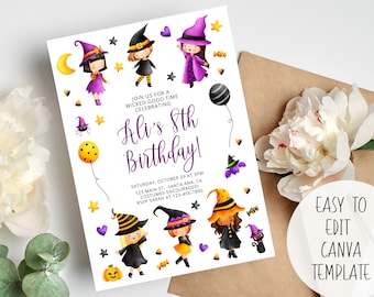 Cute Little Witch Birthday Party Invite I Digital Editable Printable Invitation | Instant Download I Kid Halloween Costume Party Celebration