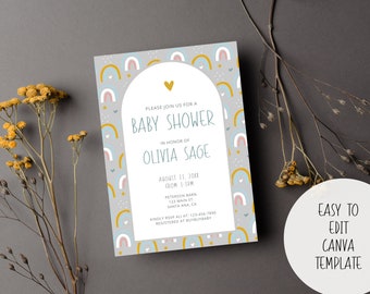 Baby Shower Digital Printable Invitation | Instant Download I Modern Boho Rainbow Design I Front Back Invitation I Grey Blue I Shower Invite