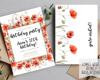 Red Poppy Birthday Party Invitation | Instant Download Digital Editable Printable I Watercolor Red Poppy Flowers I Girls Party Invite