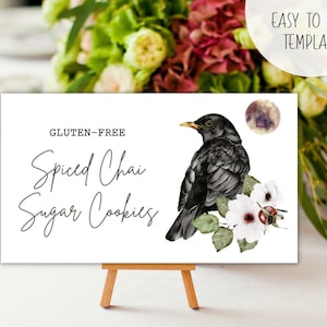 Wild Rose, Crow + Full Moon Food Dessert Tent Card | Instant Download Digital Print Template I Name Seating Card Witchy Goth Raven Boho Vibe