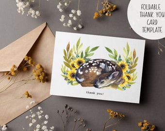 Wald Rehkitz Dankeskarte | DIY Digital Editable Printable Sofort Download I Wald Baby Hirsch Sonnenblume Natur Design I Dusche Danke