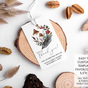 Forest Mushroom Baby Shower Thank You Favors Gift Tag Template | Printable Editable Digital Download | Nature Woodland Gender Neutral Boho