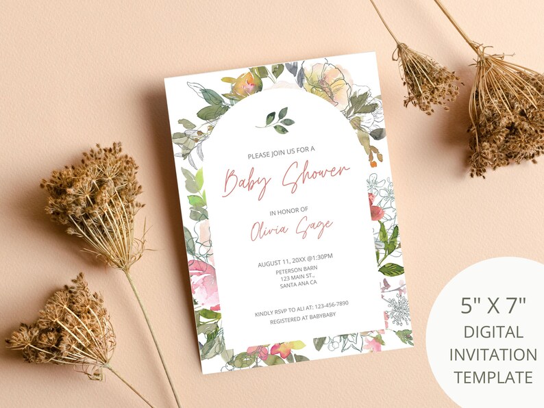 Baby Shower Digital Printable Invitation Instant Download I Watercolor Floral Design I Wildflower Watercolor I Front Back I Shower Invite image 3