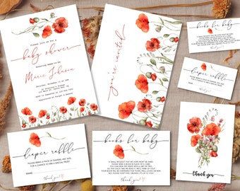 Rote Mohnblumenstrauß-Babyparty-Einladungs-Bündel | Download Digital Print Invite I Minimalistisches Modernes Aquarell Boho Wildflower Nature Design