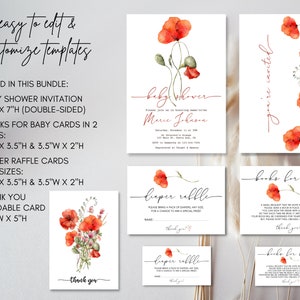 Watercolor Red Poppy Baby Shower Invitation Bundle Instant Download Digital Template Minimalist Modern Boho Wildflower Nature Invite image 2