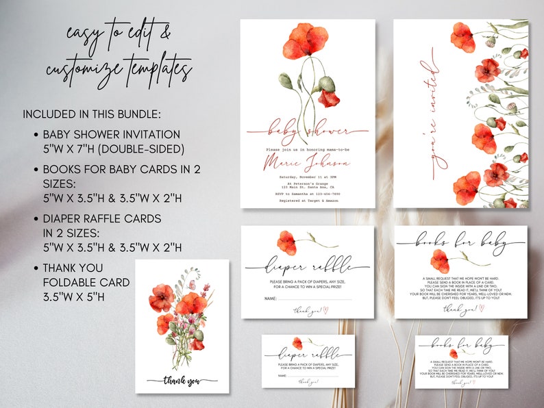 Watercolor Red Poppy Baby Shower Invitation Bundle Instant Download Digital Template Minimalist Modern Boho Wildflower Nature Invite image 2