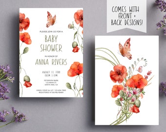 Baby Shower Digital Printable Invitation | Instant Download I Poppy Watercolor Flower Design I Front Back I Nature Whimsical I Shower Invite