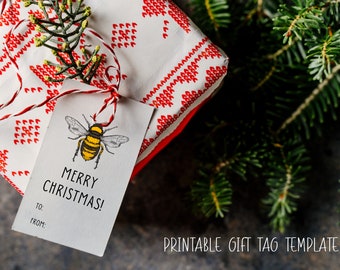 Vintage Honeybee Holiday Gift Tag Template | Printable Editable Instant Download Digital | Botanical Nature Theme Christmas Retro Bee Design