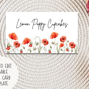 Red Poppy Dessert Food Tent Card | Sofortiger Download Digitale Druckvorlage I Faltbare Name Sitzplatz Tischkarte I Aquarell Mohn Wildblumen