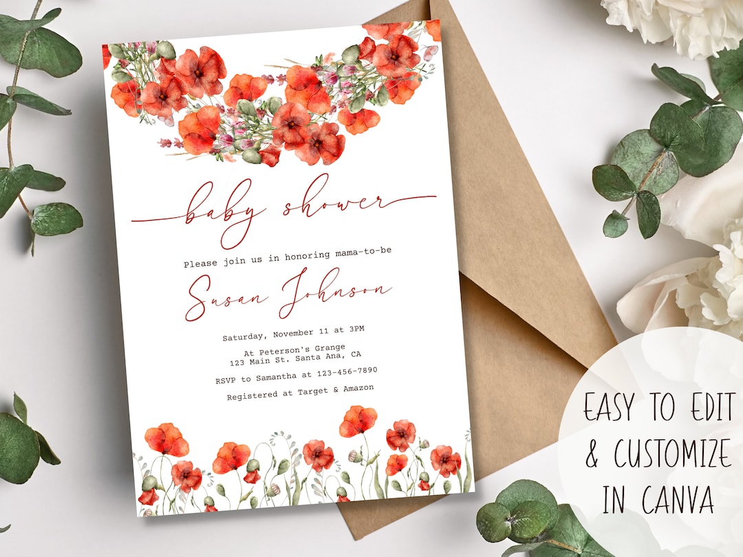 Beautiful Red Poppy Baby Shower Invitation Download Digital Etsy