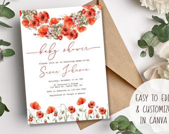 Schöne rote Mohn-Babyparty-Einladung | Download Digital Print Invite I Aquarell Boho Wildflower Garden Nature Design