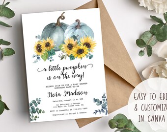 A Little Pumpkin is on the Way Baby Shower Invitation | DIY Digital Template Editable Printable Download I Autumn Sunflower Gender Neutral