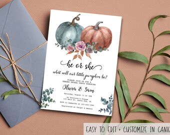 May include: A gender reveal party invitation with a watercolor illustration of two pumpkins, one blue and one orange, with fall leaves and flowers. The text reads "he or she what will our little pumpkin be?" and includes the names "Olivia & Sam".
