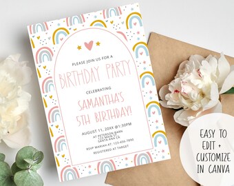 May include: A white birthday party invitation with a rainbow pattern and the text "Please join us for a birthday party celebrating Samantha's 5th birthday!"  August 11, 20XX @ 1:30PM at Peterson Barn, 123 Main St, Santa Ana CA. RSVP Mariah at 123-456-7890. Registered at Target.