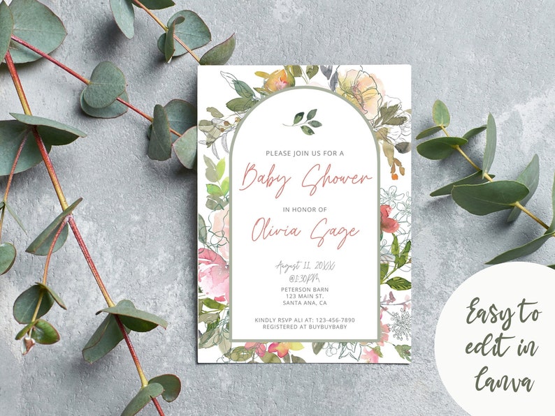 Baby Shower Digital Printable Invitation Instant Download I Watercolor Floral Design I Wildflower Watercolor I Front Back I Shower Invite image 2