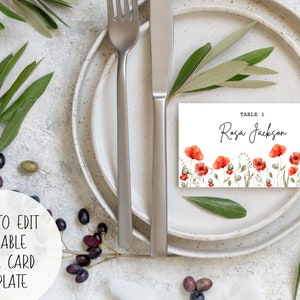 Red Poppy Name Sitzplatz Tischkarte | Sofortiger Download Digitale Druckvorlage I Faltbare Essen Dessert Zelt Karte I Aquarell Mohn Wildblumen