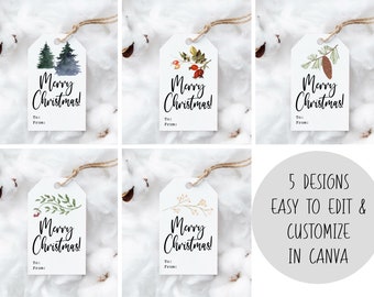 Botanical Christmas Holiday Gift Tag Template | Printable Editable Instant Download Digital | Vintage Retro Nature Set of 5 Designs