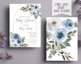 Baby Shower Digital Printable Invitation | Instant Download I Blue Watercolor Flower Design I Front Back I Gender Neutral I Shower Invite