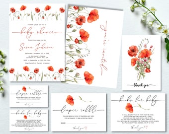 Poppy Flowers Baby Shower Invitation Bundle | Instant Download Digital Template | Minimalist Modern Boho Watercolor Wildflower Nature Invite
