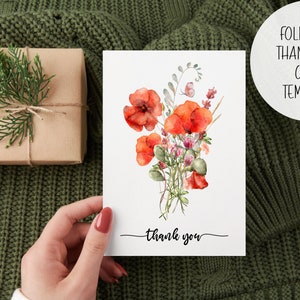 A flor vermelha da papoila agradece-lhe cardar cartão comemorativo | Download instantâneo do modelo de impressão de edição digital | Cartão De Nota Dobrável Buquê de Flores Silvestres Aquarela