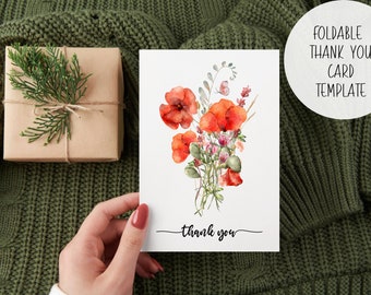 Red Poppy Flower Thank you Card | Instant Download Digital Edit Print Template | Watercolor Wildflower Bouquet Foldable Note Card