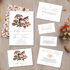 Woodland Mushroom Baby Shower Invitation Bundle | DIY Digital Edit Print Instant Download | Nature Forest Fauna Autumn Leaves Gender Neutral