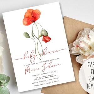 Watercolor Red Poppy Baby Shower Invitation Bundle Instant Download Digital Template Minimalist Modern Boho Wildflower Nature Invite image 4