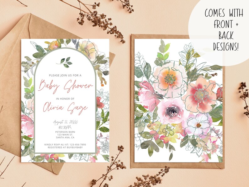 Baby Shower Digital Printable Invitation Instant Download I Watercolor Floral Design I Wildflower Watercolor I Front Back I Shower Invite image 1