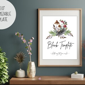 Op de afbeelding: Een printbare blanco sjabloon van 20,3 x 25,4 cm met een aquarel-illustratie van paddenstoelen, bessen en bladeren. De tekst "Blank Template" is in cursief geschreven met de woorden "Add any text you wish" eronder.