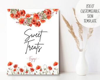 Poppy Sweet Treats Dessert Sign | Instant Download Edit Print Template | Bridal Baby Shower Birthday | Nature Watercolor Flower Boho Spring