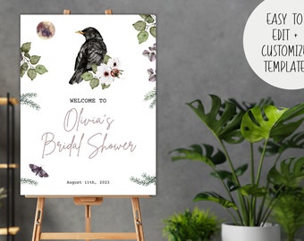Wild Rose, Crow + Full Moon 18x24 Welcome Sign | Instant Download Edit Print Template | Bridal Shower Baby Wedding | Witchy Raven Goth Boho