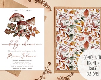 Woodland Mushroom Baby Shower Invitation | DIY Digital Edit Print Instant Download I Nature Forest Plants Autumn Fall Winter Gender Neutral