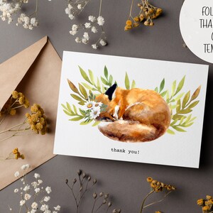 Carte de remerciement Woodland Fox | DIY Digital Editable Printable Téléchargement instantané I Forest Nature Aquarelle Daisy Design I Shower Merci