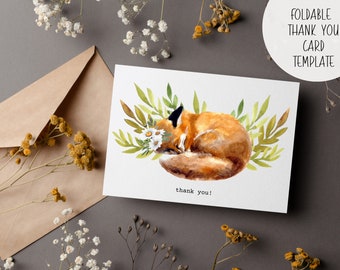 Woodland Fox Thank You Card | DIY Digital Editable Printable Instant Download I Forest Nature Watercolor Daisy Design I Shower Thank You