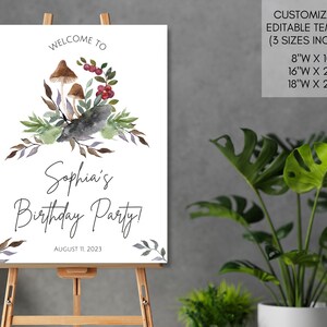 Fiesta de cumpleaños de setas del bosque Decoración del signo de bienvenida / Descarga instantánea Plantilla editable / Naturaleza Bosque Boho / 3 Tamaños 8x10 16x20 18x20